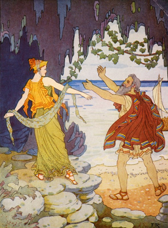 Kalypso hyvästeli hänet merenrannalla (värilitografia). tekijältä Frederick Richardson