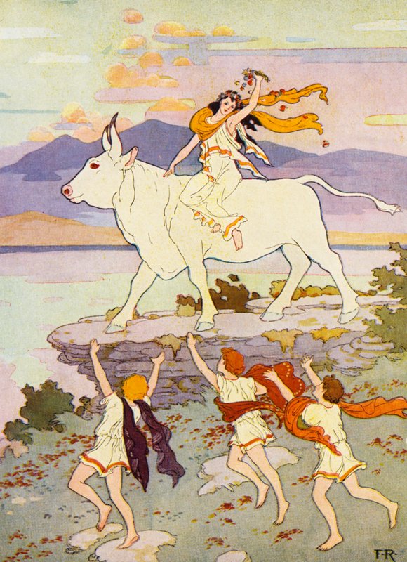 Europa heilutti kättään ja huusi "Näkemiin" (värilitografia). tekijältä Frederick Richardson