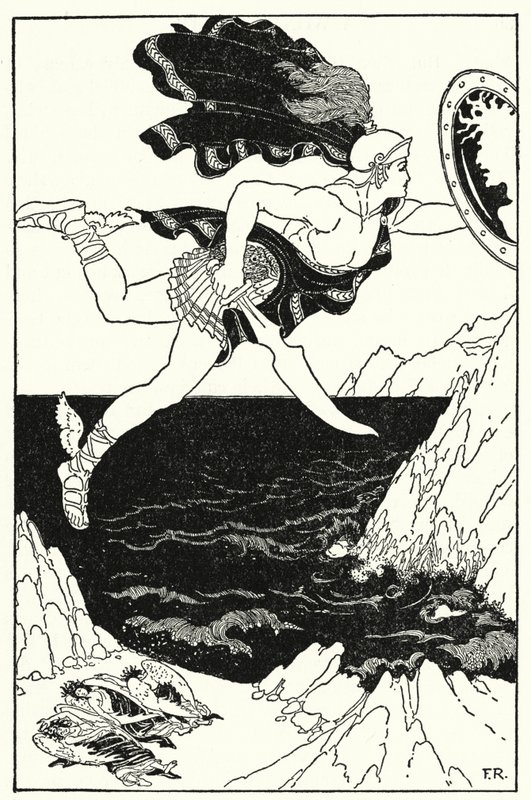 Perseus lensi varovasti alaspäin pitäen silti katseensa Medusan kasvoilla, mikä heijastuu hänen kilveensä (litho) tekijältä Frederick Richardson