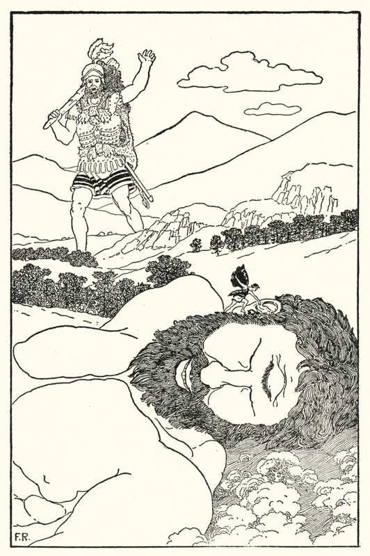 Pygmy huusi Antaeuksen korvaan, että toinen jättiläinen oli tulossa (litho) tekijältä Frederick Richardson