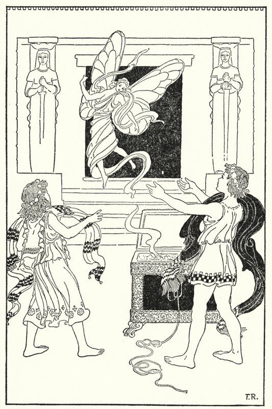 Lapset nostivat taas kantta ja ulos lensi aurinkoinen ja hymyilevä pikkuhahmo (litho) tekijältä Frederick Richardson