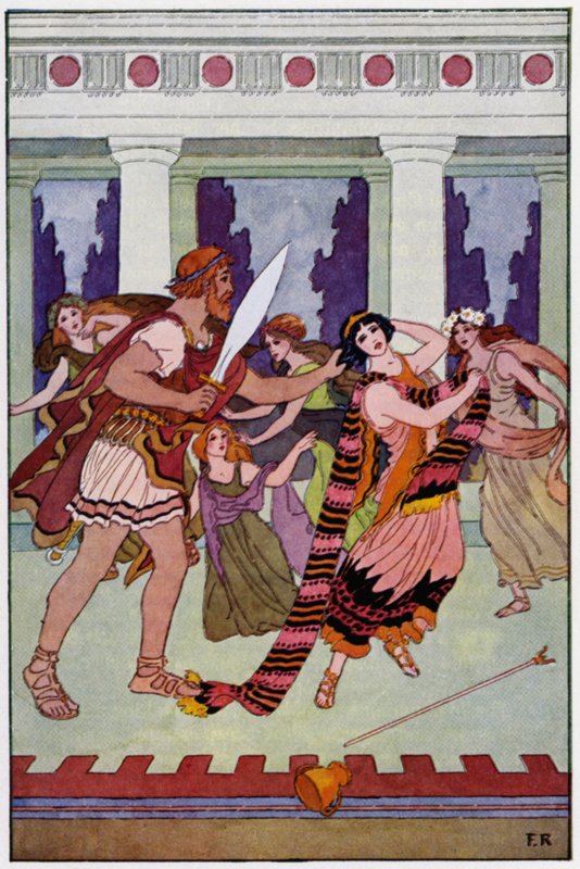 Ulysses tarttui lumoutuneeseen hänen kauniilla sormuksilla (väri litho) tekijältä Frederick Richardson