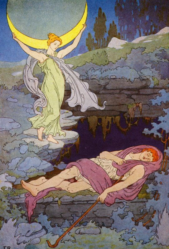 Endymion nukkuu ikuisesti vain kuun vieraana yöllä (värilitografia). tekijältä Frederick Richardson