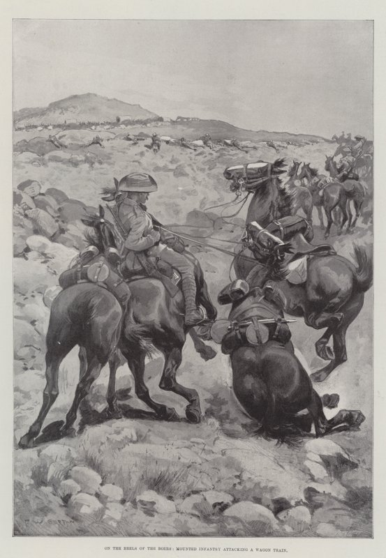 Buurien kannoilla ratsastettu jalkaväki hyökkää vaunujunaan tekijältä Frederick William Burton