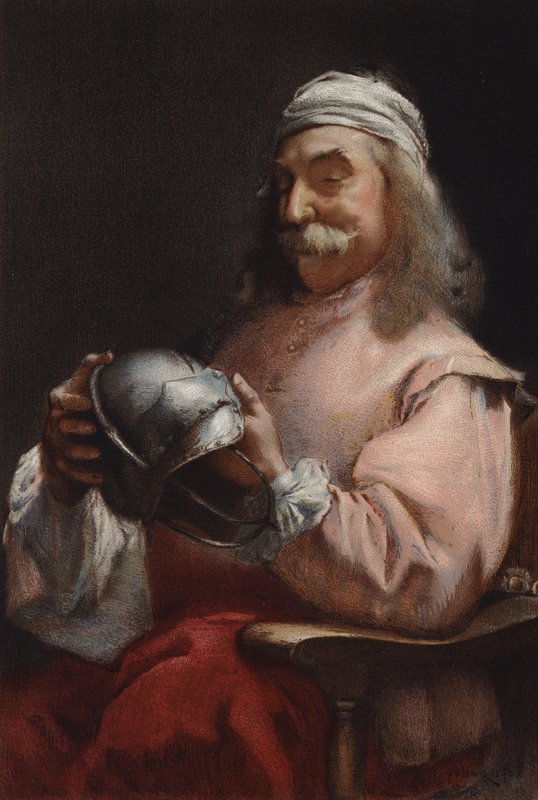 A Friend in Need, muotokuva miehestä katsomassa kypärää (chromolitho) tekijältä Frederick William Davis
