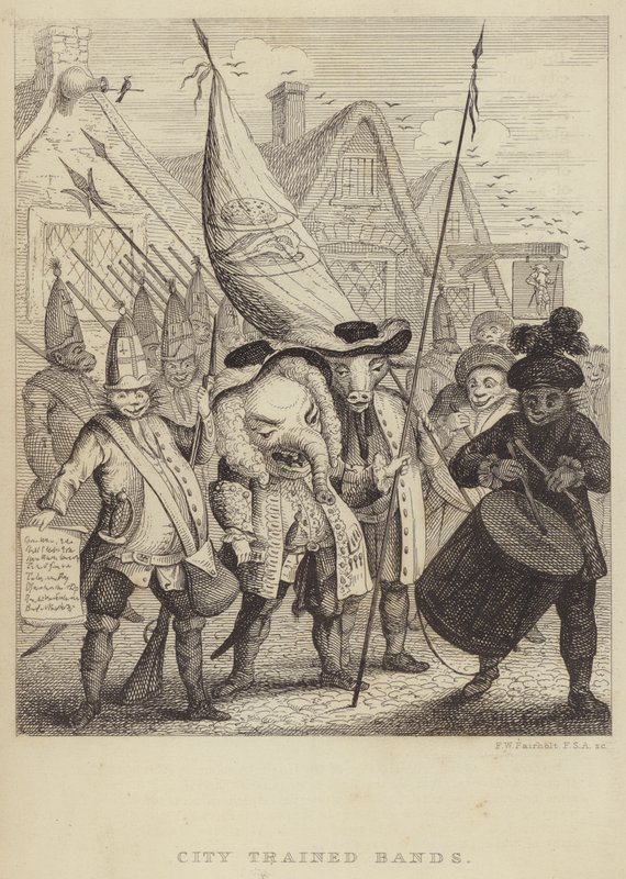City Trained Bands: satiiri Lontoon Cityyn liittyvistä miliiseistä ja vuoden 1745 Jacobite Rebellionin aiheuttamasta paniikkista (kaiverrus) tekijältä Frederick William Fairholt