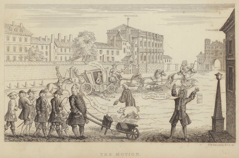 Esitys: satiiri parlamentissa tehdyistä yrityksistä poistaa Sir Robert Walpole pääministerin paikalta vuonna 1741 (kaiverrus) tekijältä Frederick William Fairholt