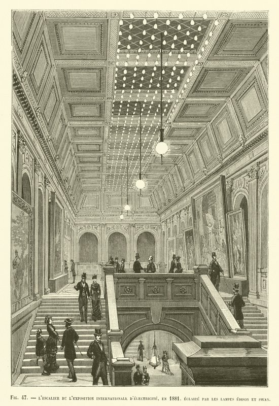 Kansainvälisen sähkönäyttelyn portaikko, vuonna 1881, valaisi Edison ja Swan -lamput tekijältä French School