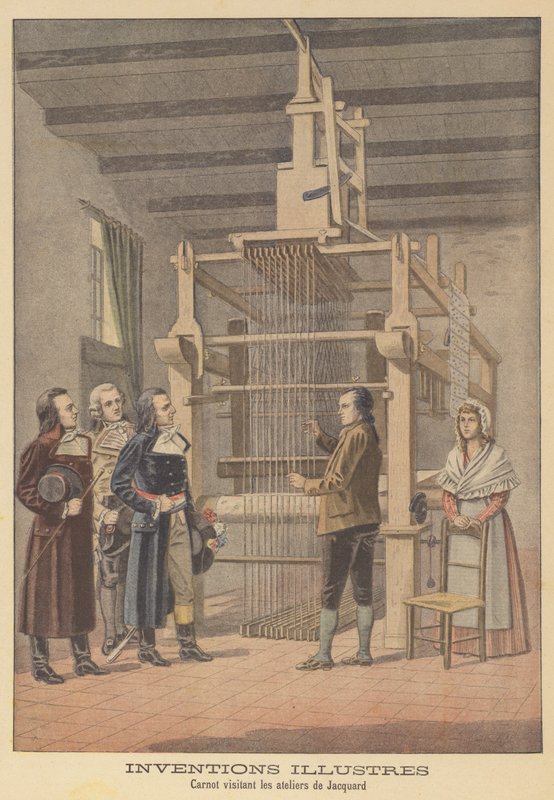 Lazare Carnot vierailemassa Jacquardin työpajassa Lyonissa, 1801 tekijältä French School