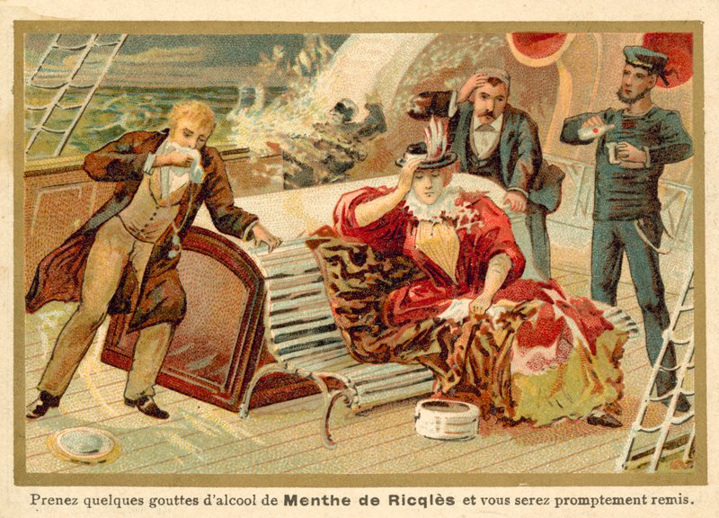Laivan matkustajille annetaan Ricqles-minttuviiniä parantamaan merisairautta tekijältä French School