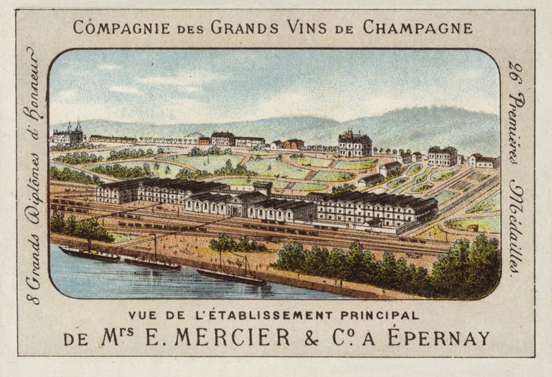 E Mercier und Co:n päätoimipaikka, samppanjatuottajat, Epernay, Ranska (chromolitho) tekijältä French School