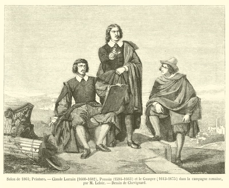 Salon 1861, maalaus, Claude Lorrain, 1600-1682, Poussin, 1594-1663 ja Guaspre, 1613-1675, Rooman maaseudulla tekijältä French School