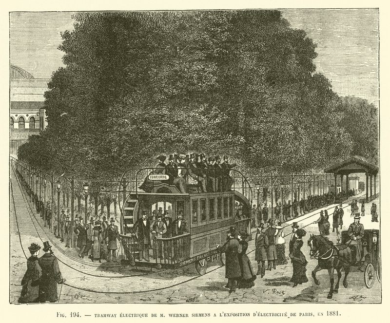 M Werner Siemensin sähköinen raitiotie Pariisin sähkönäyttelyssä vuonna 1881 tekijältä French School