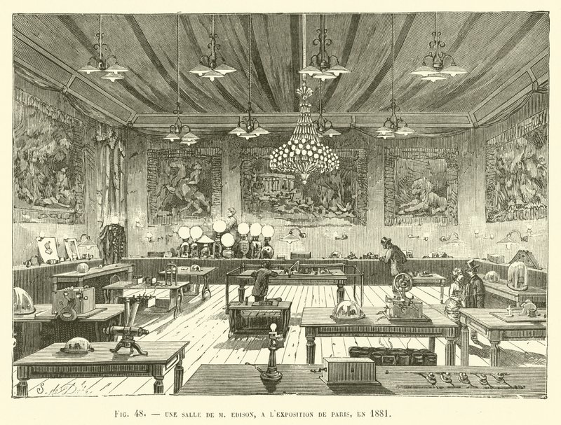 M Edisonin huone Pariisin näyttelyssä vuonna 1881 tekijältä French School