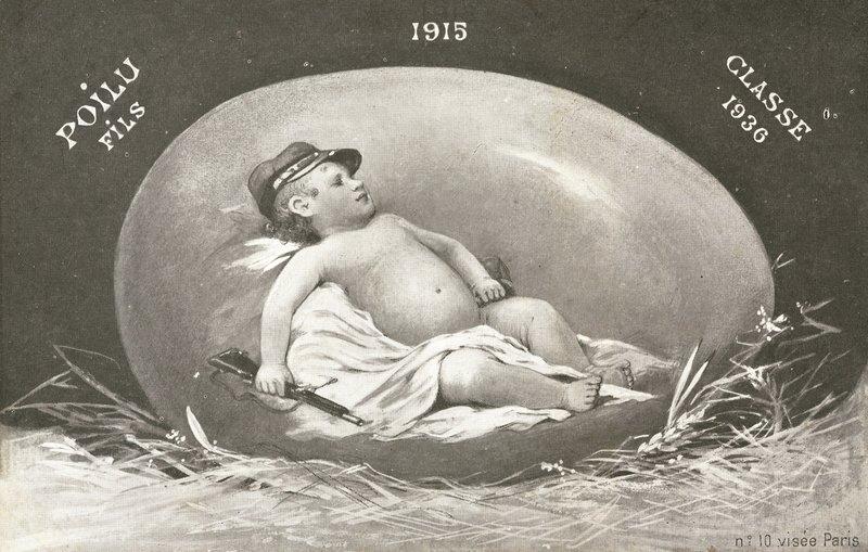 1915, pääsiäiskortti, jossa näkyy jo aseistettu sotilasvauva munassa tekijältä French Photographer