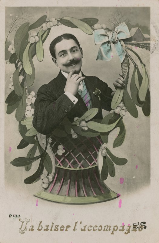 Suudelman mukana, postikortti lähetetty vuonna 1913 (käsin värjätty kuva) tekijältä French Photographer