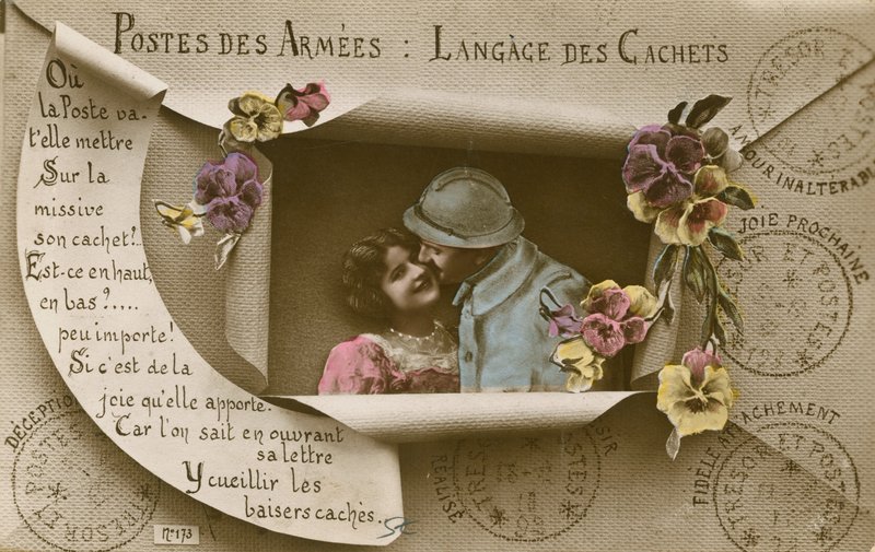 Kortti, joka selittää postikorttien käyttöä niille, joilla on miehiä armeijassa tekijältä French Photographer