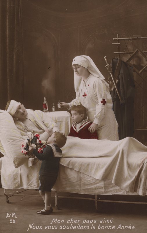 Lapset toivottavat hyvää uutta vuotta loukkaantuneelle isälleen, WW1 tekijältä French Photographer