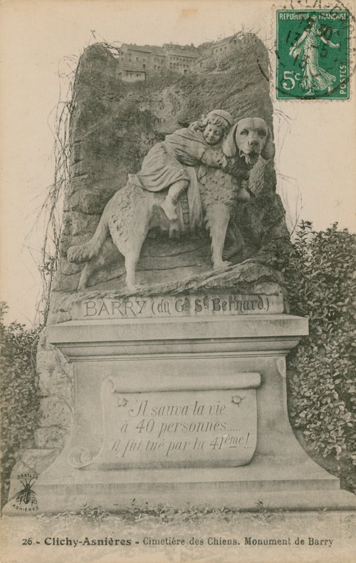 Clichy-Asnieres - Koiran hautausmaa. Barryn muistomerkki. Postikortti lähetetty 1913. tekijältä French Photographer
