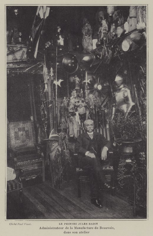 Ranskalainen taidemaalari Jules Badin, Beauvais Tapestry Manufacture -yhtiön johtaja, työpajassaan (b/w kuva) tekijältä French Photographer