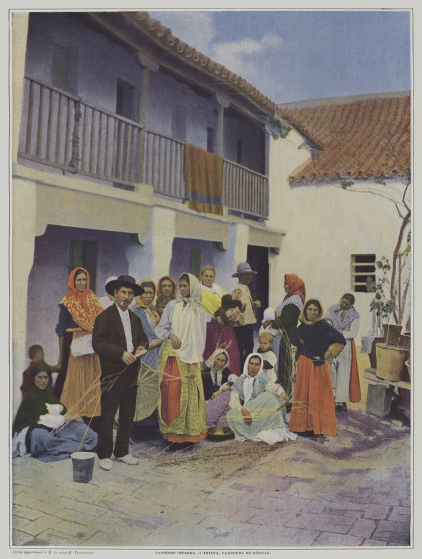 Mustalaiskutojat Trianassa, Sevillan esikaupunkialueella (värilitho) tekijältä French Photographer