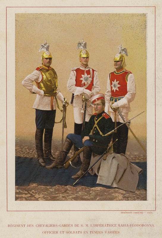 Venäjän armeija: H M:n ritari-vartijoiden rykmentti keisarinna Maria-Feodorovna, upseeri ja sotilaat erilaisissa univormuissa (kuva) tekijältä French Photographer