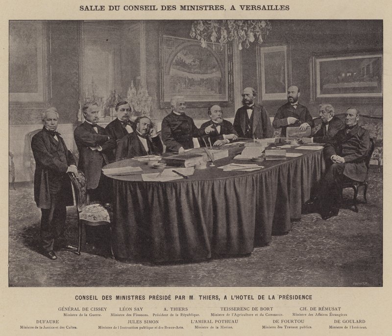 Pariisin kunta, ministerineuvoston sali, Versailles, ministerineuvosto, jota johtaa M Thiers, Hotel De La Presidence (m/v kuva) tekijältä French Photographer
