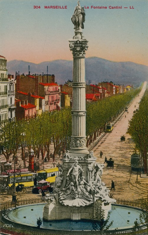 La Fontaine Cantini Marseillessa. Sen on rakentanut kuvanveistäjä Andre Allar. Postikortti lähetetty 1913. tekijältä French Photographer