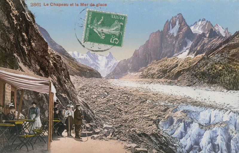 Le Chapeau ja Mer de Glace Alpeilla. Postikortti lähetetty 1913. tekijältä French Photographer