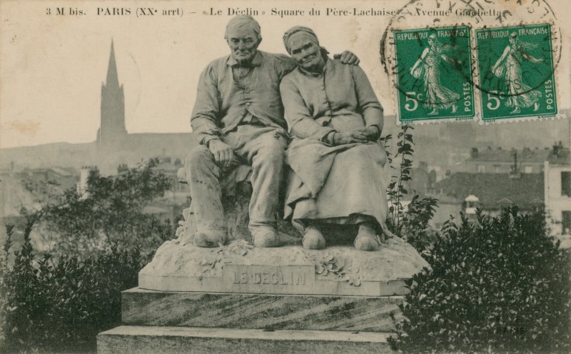 Le Declin (Decline), patsas Square du Pere Lachaisella, Pariisissa, kirjoittanut Clement Leopold Steiner. Postikortti lähetetty 1913. tekijältä French Photographer