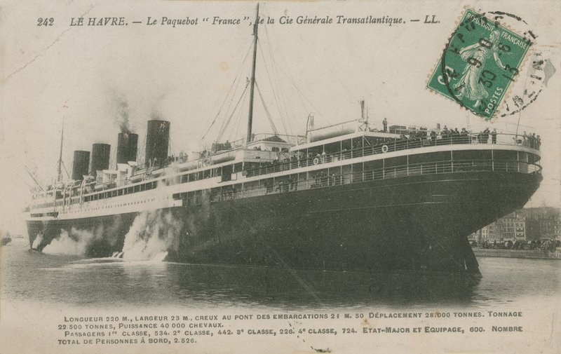 Valtamerilaiva Ranska, Le Havre. Postikortti lähetetty 1913. tekijältä French Photographer