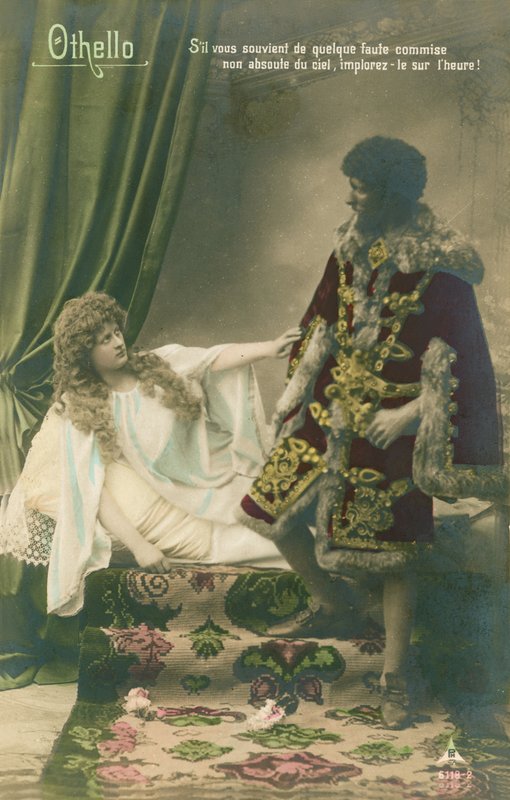 Othello Desdemonan kanssa. Kohtaus William Shakespearen traagisesta näytelmästä, joka on kirjoitettu noin 1603. Postikortti lähetetty vuonna 1913. tekijältä French Photographer