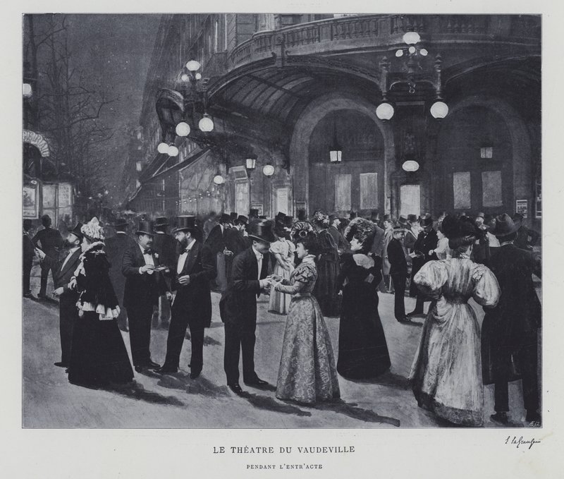 Pariisin Theatre du Vaudevillen ulkopuolella väliajan aikana (m/w kuva) tekijältä French Photographer