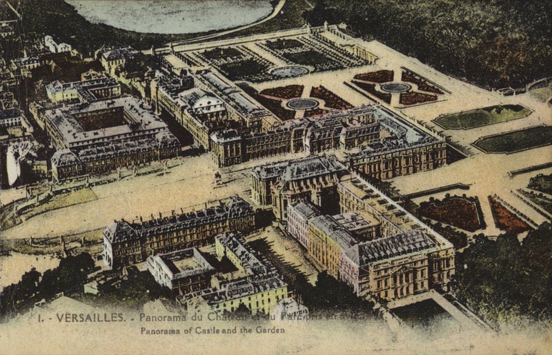 Panoraamanäkymä Versaillesin palatsille ja puutarhaan (värikuva) tekijältä French Photographer