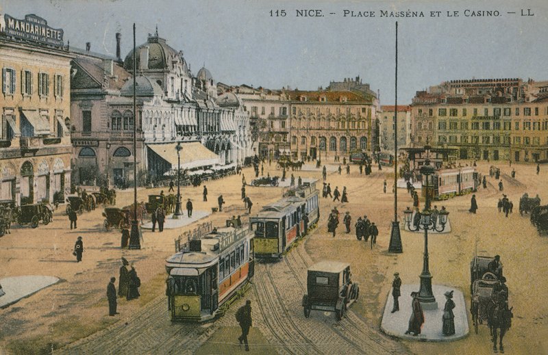 Place Massena ja kasino, Nizza. Postikortti lähetetty 1913. tekijältä French Photographer