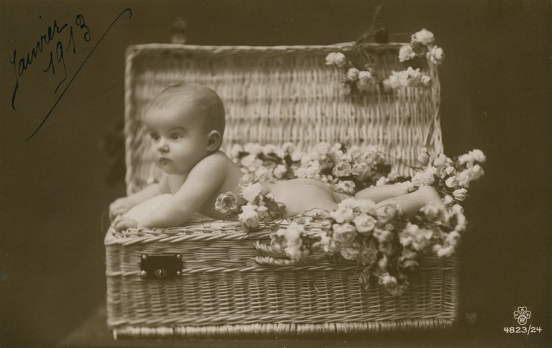 Postikortti vauvasta pajukorissa kukkien kanssa, lähetetty tammikuussa 1913 tekijältä French Photographer