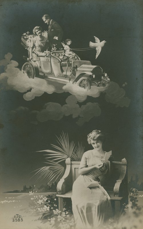 Postikortti nuoresta naisesta, joka lukee kirjettä ja haaveilee avioliitosta, lähetetty vuonna 1913 tekijältä French Photographer