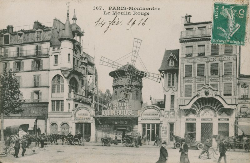 Postikortti Moulin Rougesta, Pariisista, lähetetty vuonna 1913 tekijältä French Photographer