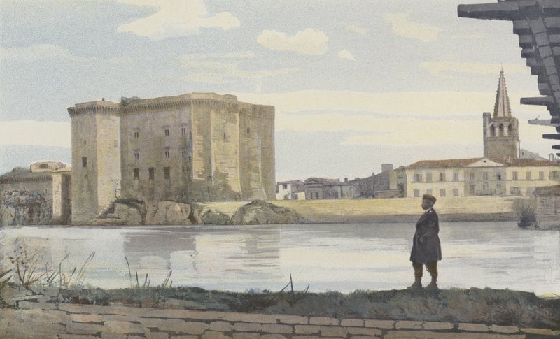 Tarascon, Chateau, Sainte-Marthen kirkon kellotorni ja riippusilta Rhônen yli tekijältä French Photographer