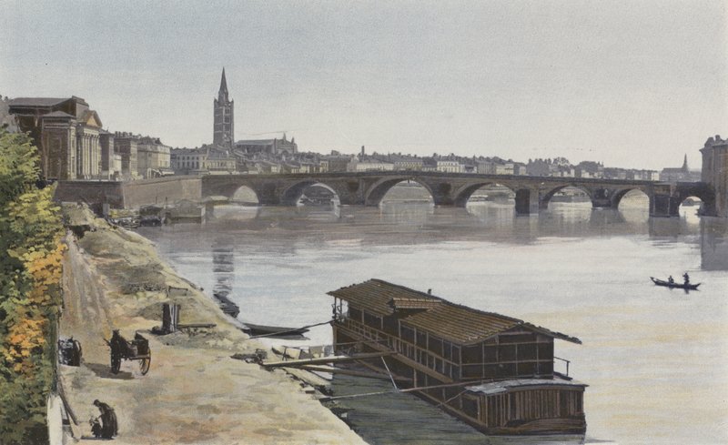 Toulouse, Pont-Neuf ja Eglise N D, Dalbadesta, näkymä alavirtaan, otettu Garonnen rannalta tekijältä French Photographer