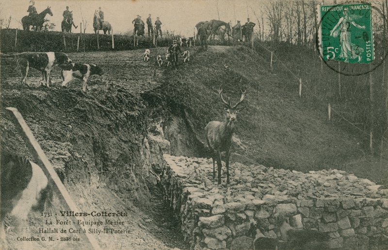 Villers-Cotterets. La Foret - Menier Hallali de Cerf -miehistö silly-la-Poteriessa. Postikortti lähetetty 1913. tekijältä French Photographer