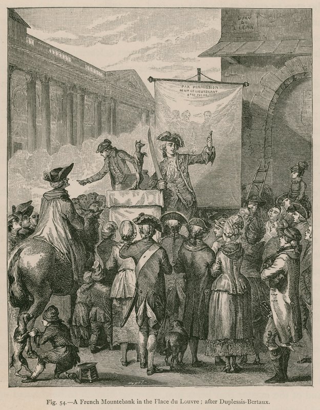 Ranskalainen Mountebank Place du Louvressa; Duplessis-Bertaux