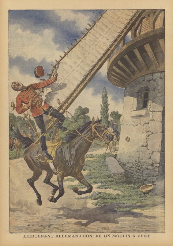 Saksalainen ratsuväen luutnantti kuoli sen jälkeen, kun hänet nostettiin hevoseltaan tuulimyllyn purjeilla (väri litho) tekijältä French School