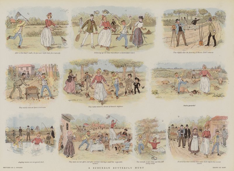 Esikaupunkien perhosmetsästys (chromolitho) tekijältä French School