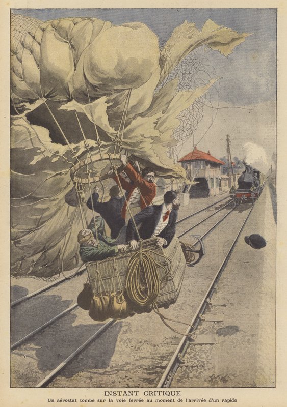 Ilmapallo laskeutumassa rautatielle lähestyvän pikajunan tiellä (väri litho) tekijältä French School
