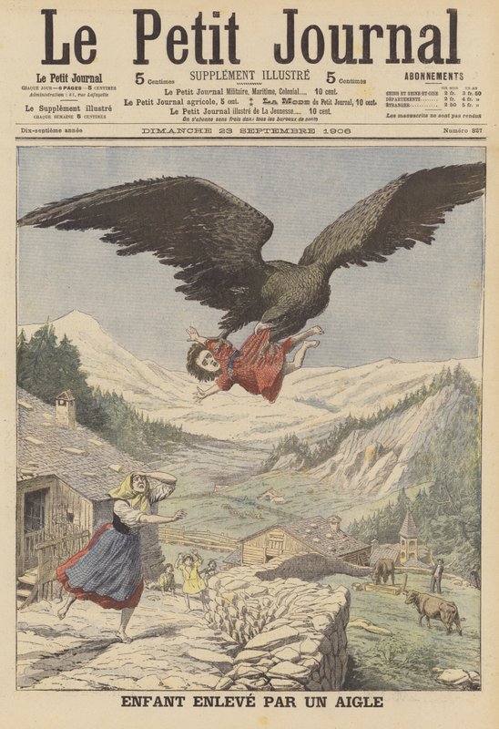 Kotkan kantama lapsi Italian Alpeilla (väri litho) tekijältä French School
