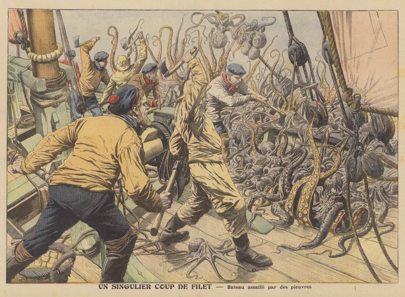 Kalastusvene, jota vastaan hyökkäsi mustekalasaalis (väri litho) tekijältä French School
