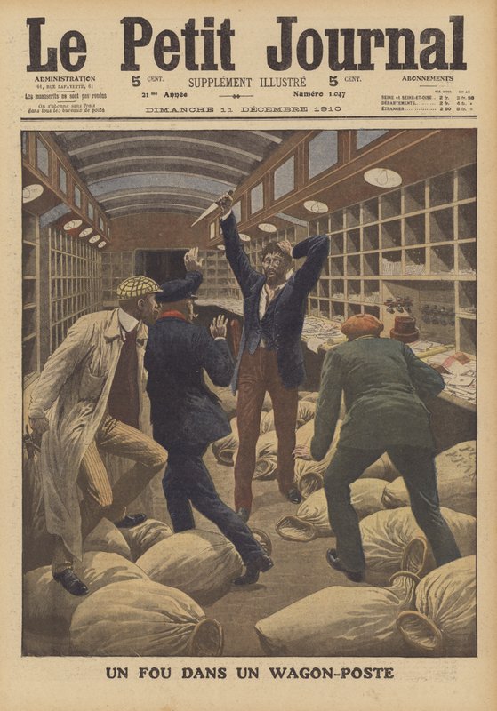 Hullu postivaunussa junassa, joka saapuu Pariisiin (väri litho) tekijältä French School