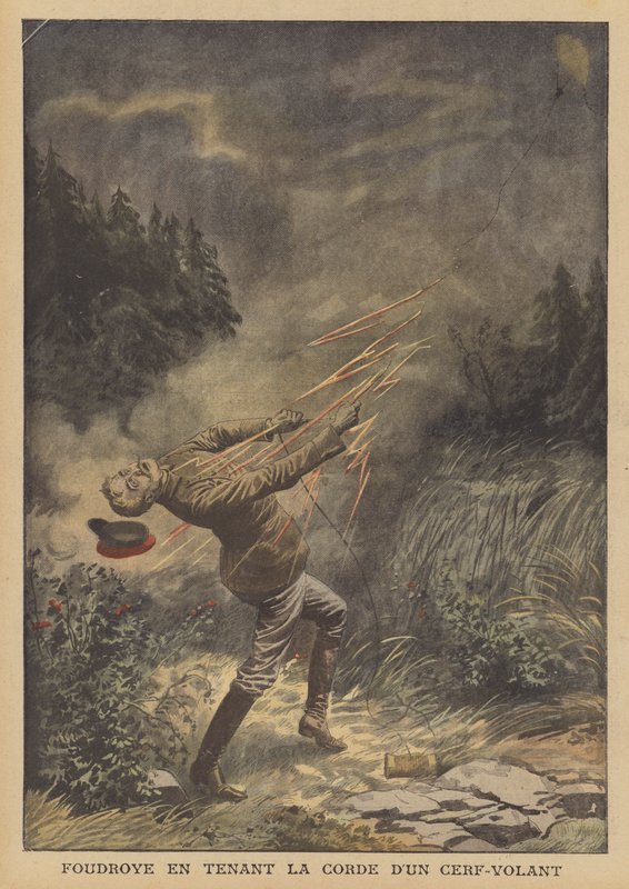 Mies, joka kuoli salaman lentäessään leijaa (väri litho) tekijältä French School