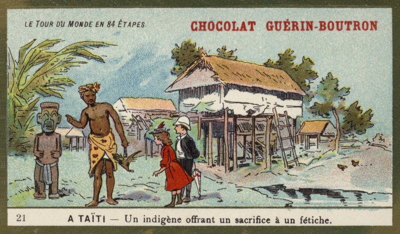 Alkuperäinen, joka uhraa epäjumalalle, Tahiti (chromolitho) tekijältä French School